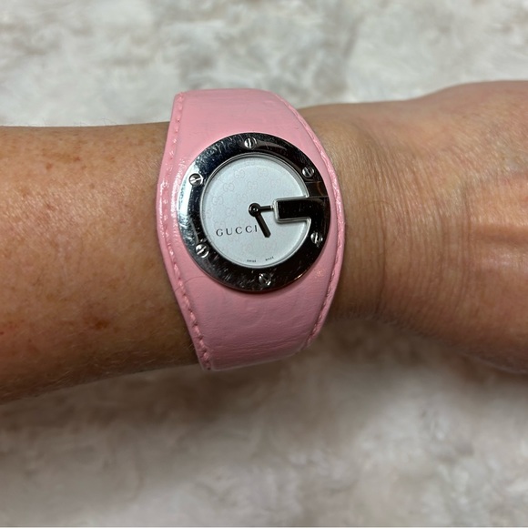 Gucci Accessories - Gucci stainless steel G white face pink leather band